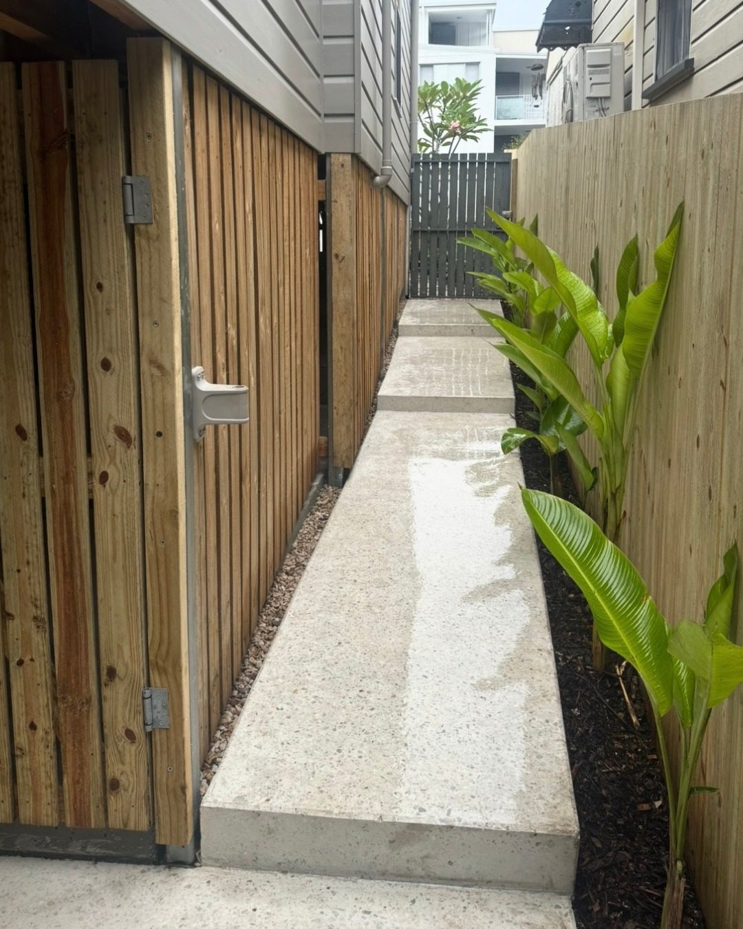 The same side access after a new path, fence line and planting were completed